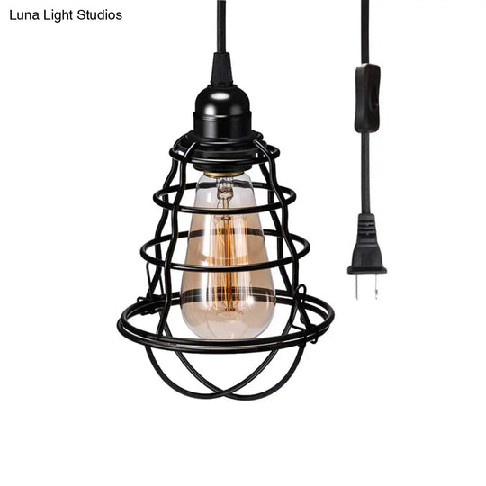 Black Industrial Pendant Lamp With Cage For Coffee Shop - 1 Light