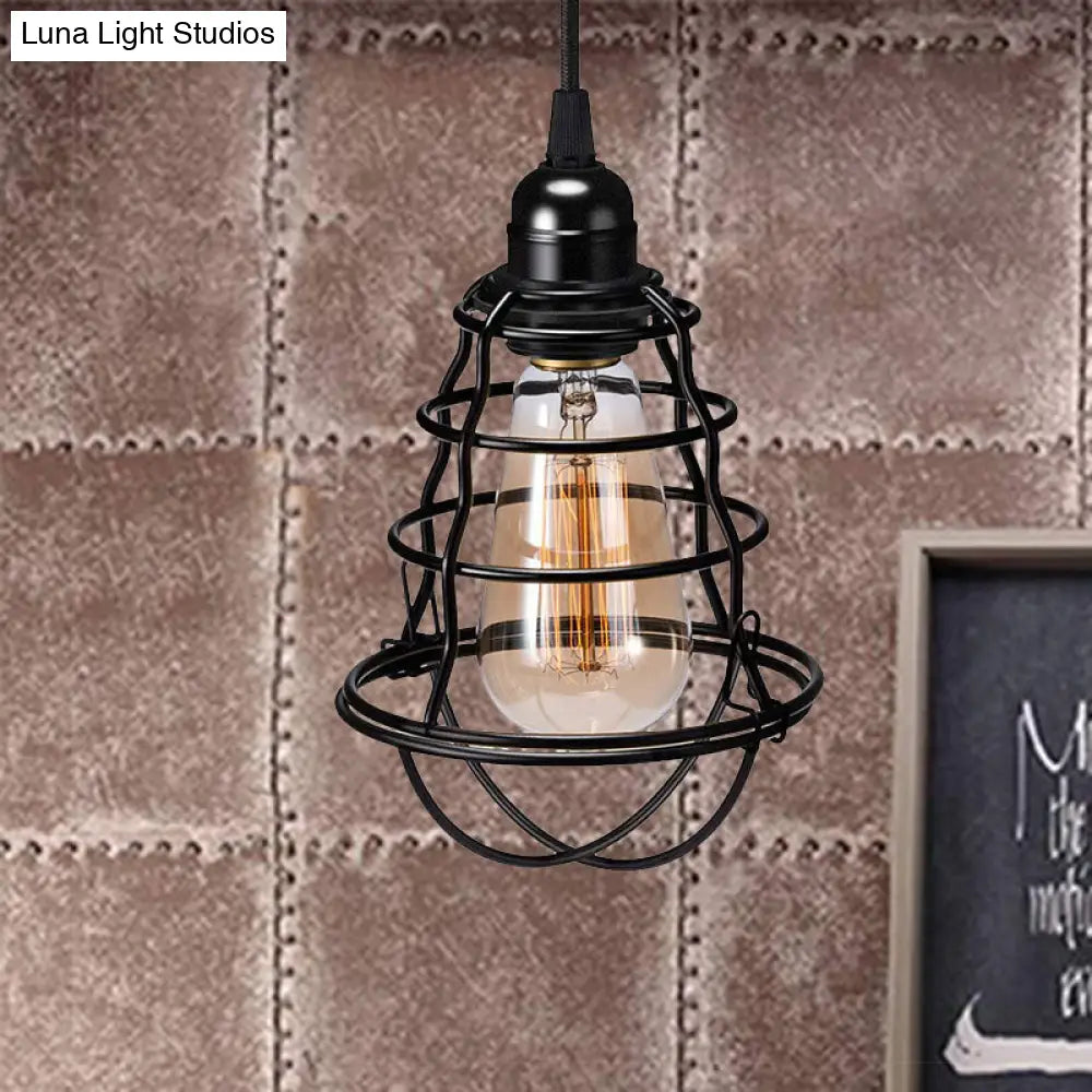 Black Industrial Pendant Lamp With Cage For Coffee Shop - 1 Light