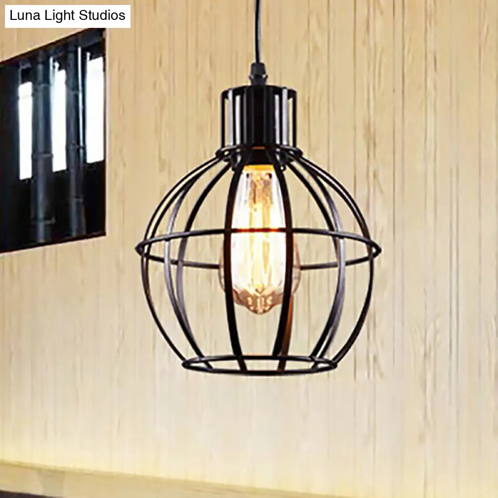 Industrial Black Metal Pendant Light With Cage Shade - Ideal For Restaurants