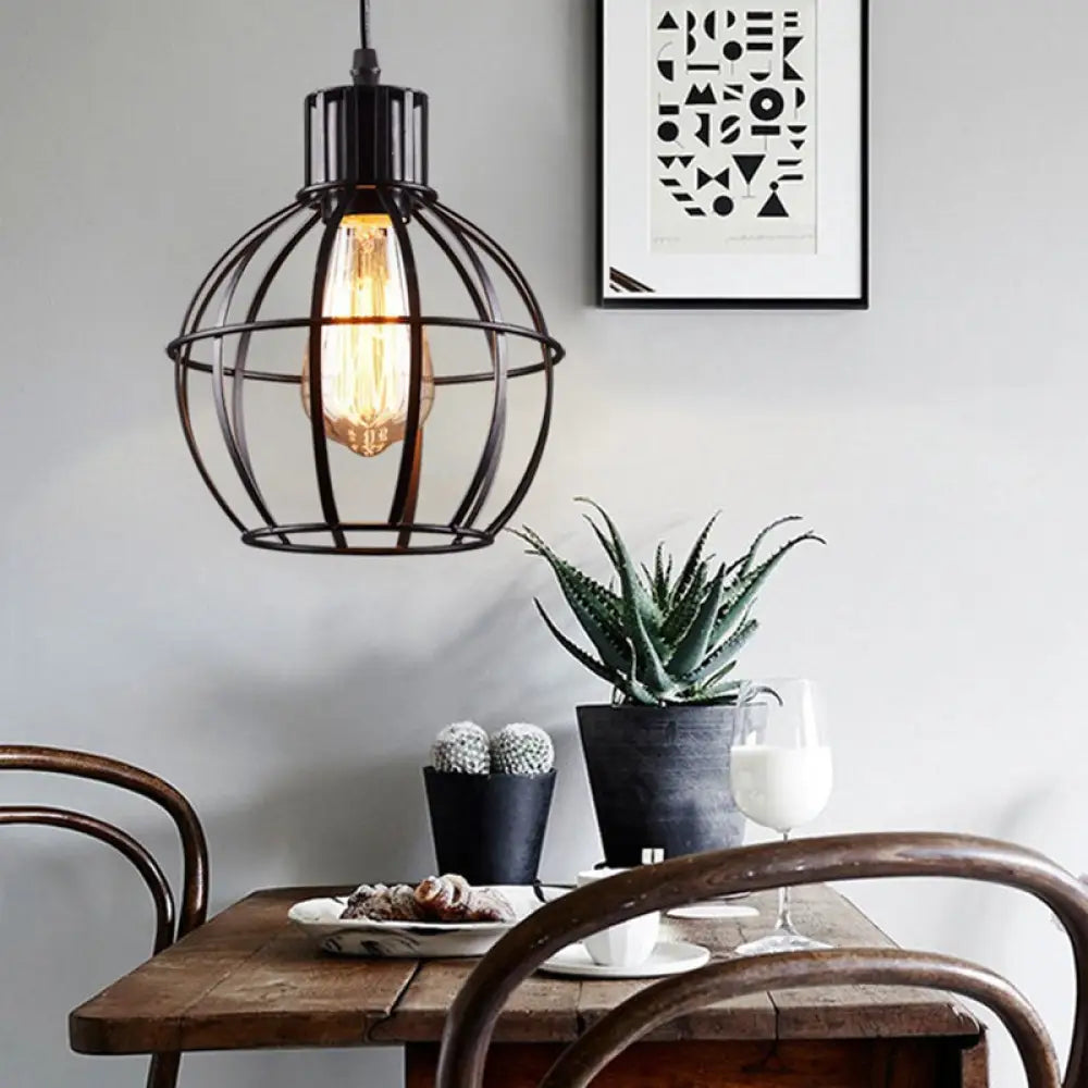 Industrial Black Metal Pendant Light With Cage Shade - Ideal For Restaurants