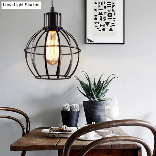 Industrial Metal Ball Cage Shade Pendant Light With Black Finish - Perfect For Restaurants