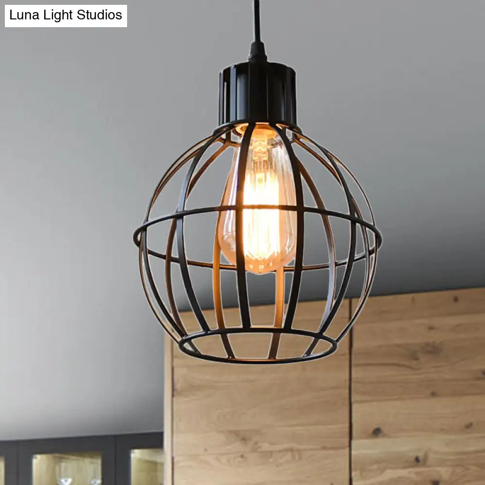 Industrial Black Metal Pendant Light With Cage Shade - Ideal For Restaurants