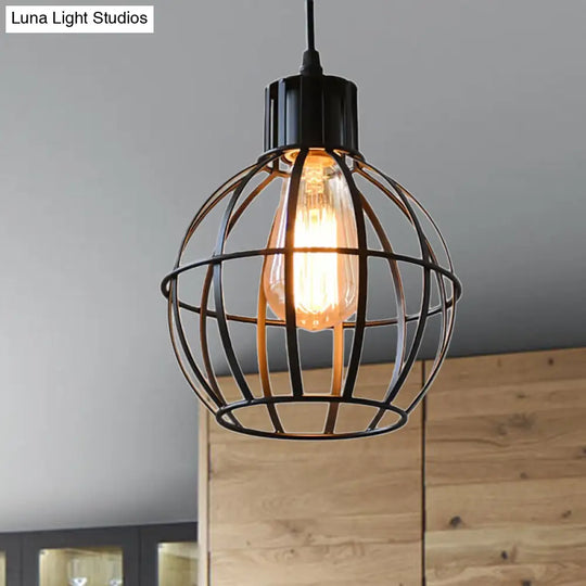 Industrial Metal Ball Cage Shade Pendant Light With Black Finish - Perfect For Restaurants
