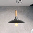 Industrial Black Metal Pendant Light With Hanging Cord - Shallow Round Design In Wood / 1