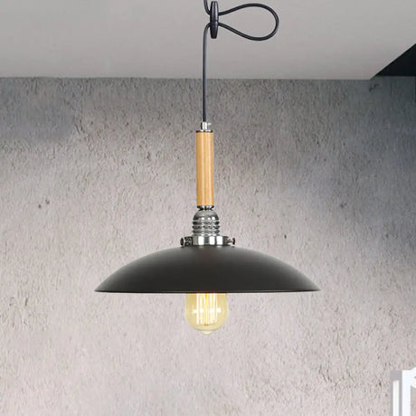 Industrial Black Metal Pendant Light With Hanging Cord - Shallow Round Design In Wood / 1