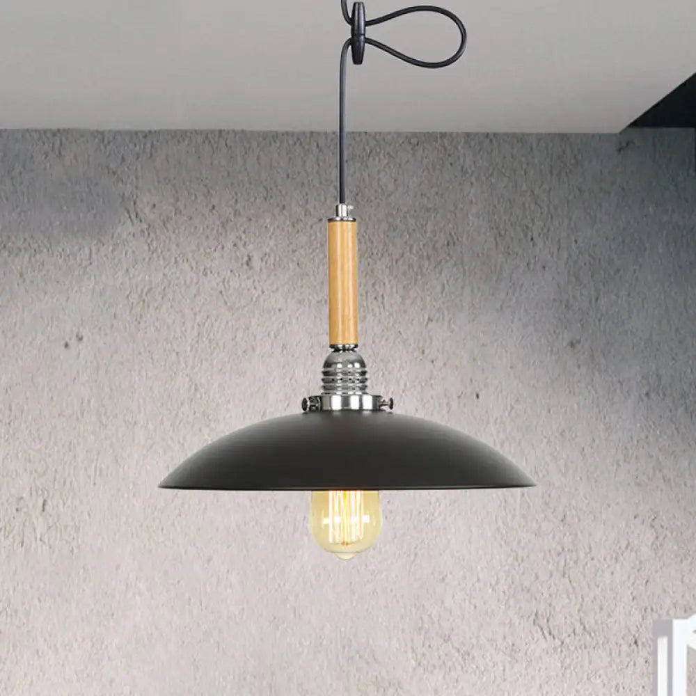 Industrial Black Metal Pendant Light With Hanging Cord - Shallow Round Design In Wood / 1