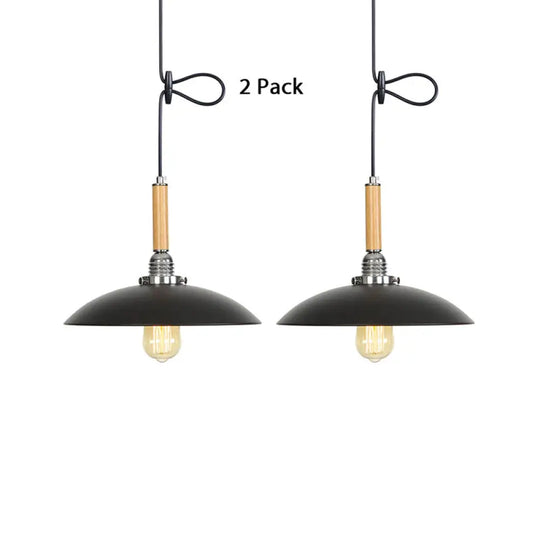 Industrial Black Metal Pendant Light With Hanging Cord - Shallow Round Design In Wood / 2