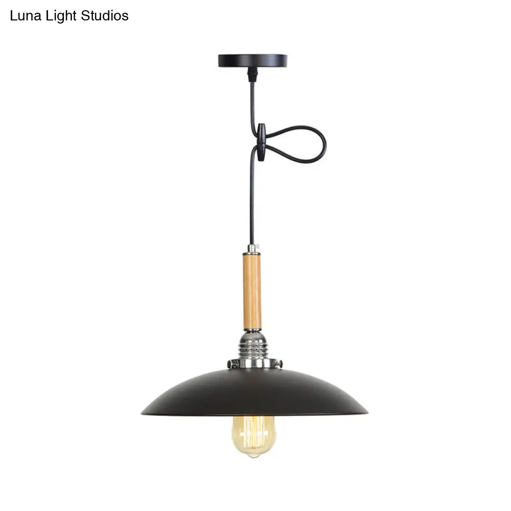 Industrial Black Metal Pendant Light With Wood Accent