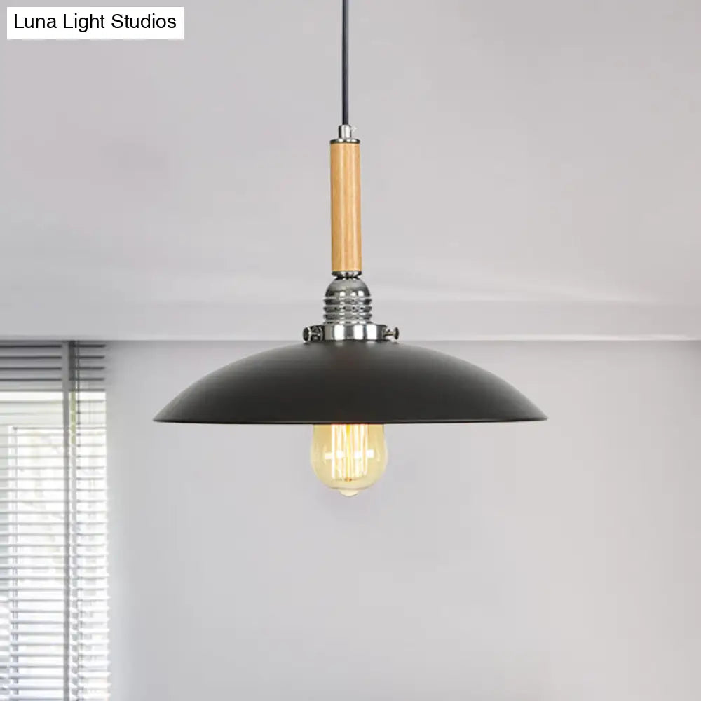 Industrial Black Metal Pendant Light With Hanging Cord - Shallow Round Design In Wood