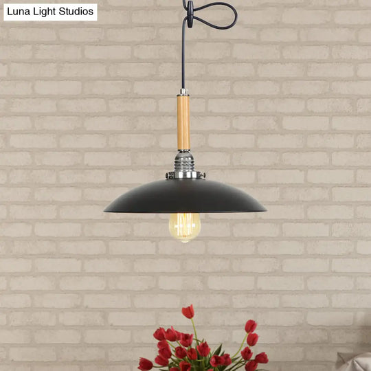 Industrial Black Metal Pendant Light With Hanging Cord - Shallow Round Design In Wood