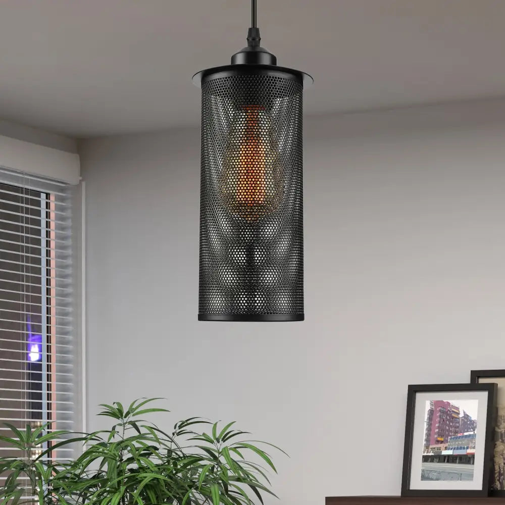 Industrial Black Metal Pendant Light With Mesh Screen - Living Room Hanging Lamp