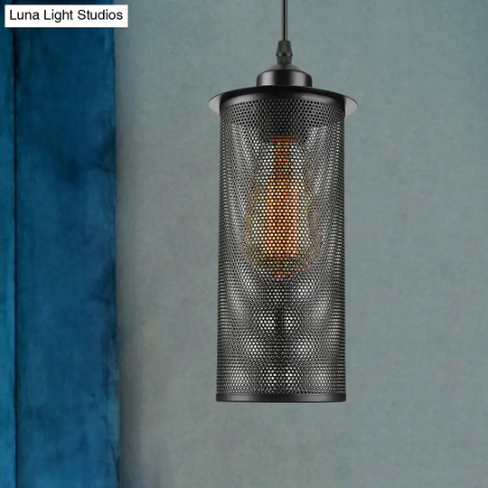 Industrial Black Metal Pendant Light - Cylinder Design With Mesh Screen Ideal For Living Room