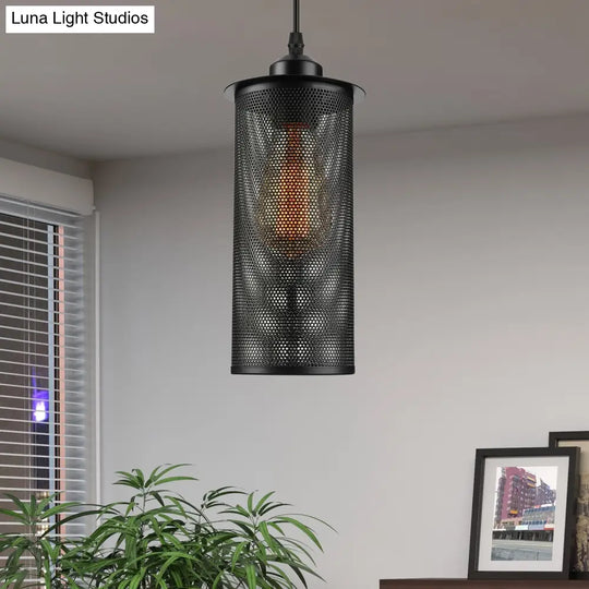 Industrial Black Metal Pendant Light - Cylinder Design With Mesh Screen Ideal For Living Room