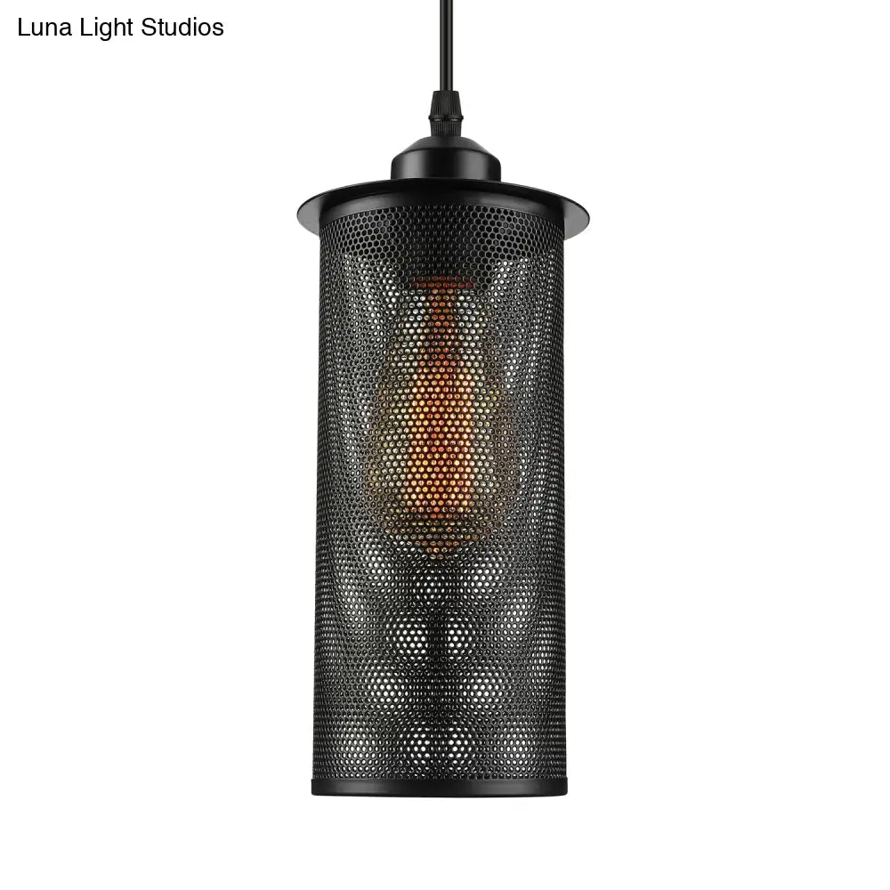 Industrial Black Metal Pendant Light - Cylinder Design With Mesh Screen Ideal For Living Room