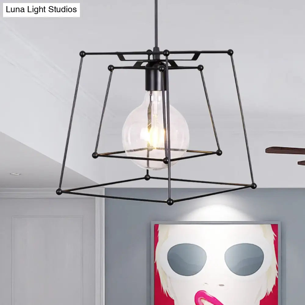 Industrial Black Metal Pendant Light With Trapezoid Cage Shade - Living Room Hanging Lamp