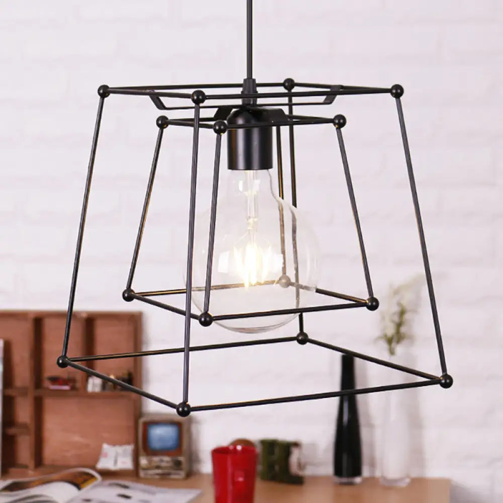 Industrial Black Metal Pendant Light With Trapezoid Cage Shade - Living Room Hanging Lamp