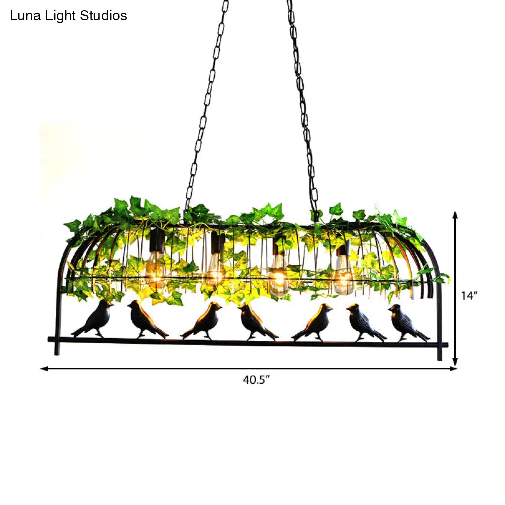 Industrial Black Metal Pendant Lighting: 4-Light Caged Island Design For Dining Room With Bird