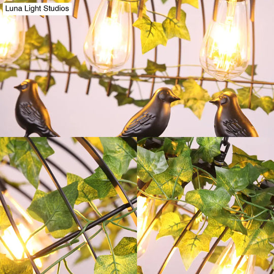 Industrial Black Metal Pendant Lighting: 4-Light Caged Island Design For Dining Room With Bird