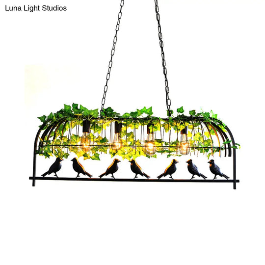 Industrial Black Metal Pendant Lighting: 4-Light Caged Island Design For Dining Room With Bird