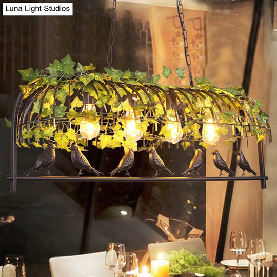 Industrial Black Metal Pendant Lighting: 4-Light Caged Island Design For Dining Room With Bird