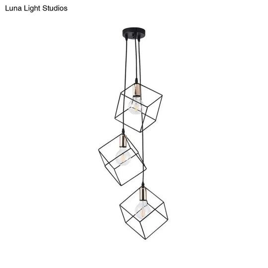 Industrial Black Square Suspension Pendant Light With 3 Metal Lights For Foyer