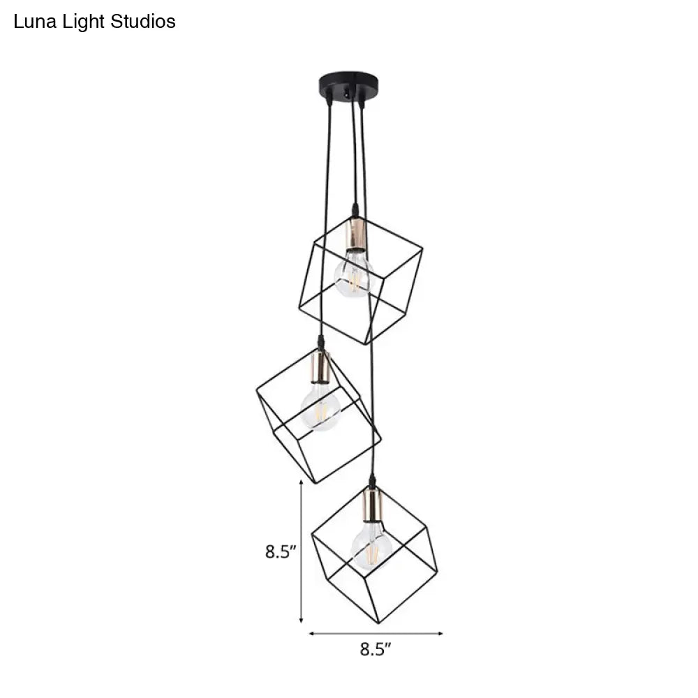 Industrial Black Metal Pendant Lighting: Square Suspension Light With 3 Lights For Foyer