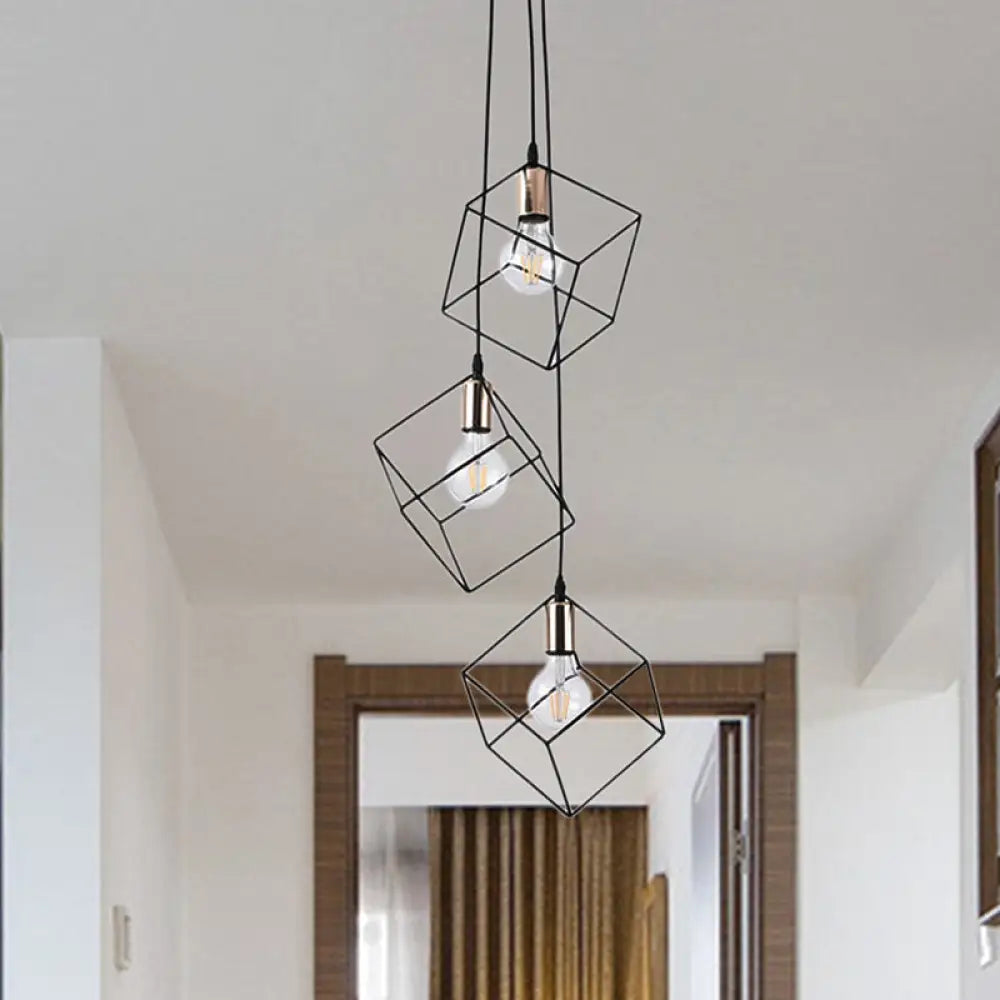 Industrial Black Metal Pendant Lighting: Square Suspension Light With 3 Lights For Foyer