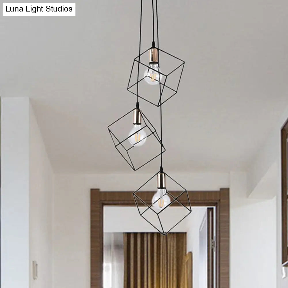 Industrial Black Square Suspension Pendant Light With 3 Metal Lights For Foyer