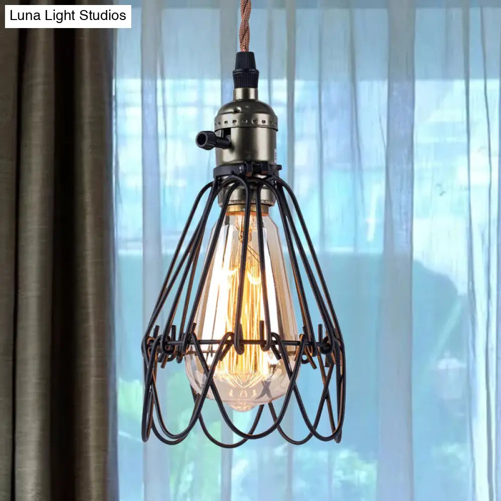 Rustic Industrial Pendant Lighting - Open Caged Metal Black Finish 1-Bulb Hanging Light For Living