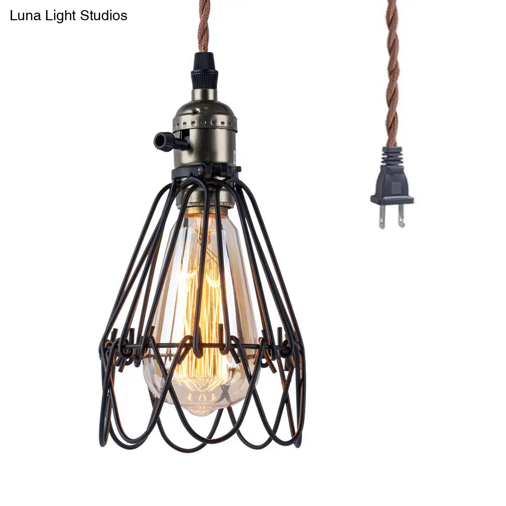 Industrial Black Metal Pendant Lighting With Open Cage Design - Rustic 1 Bulb Hanging Light For