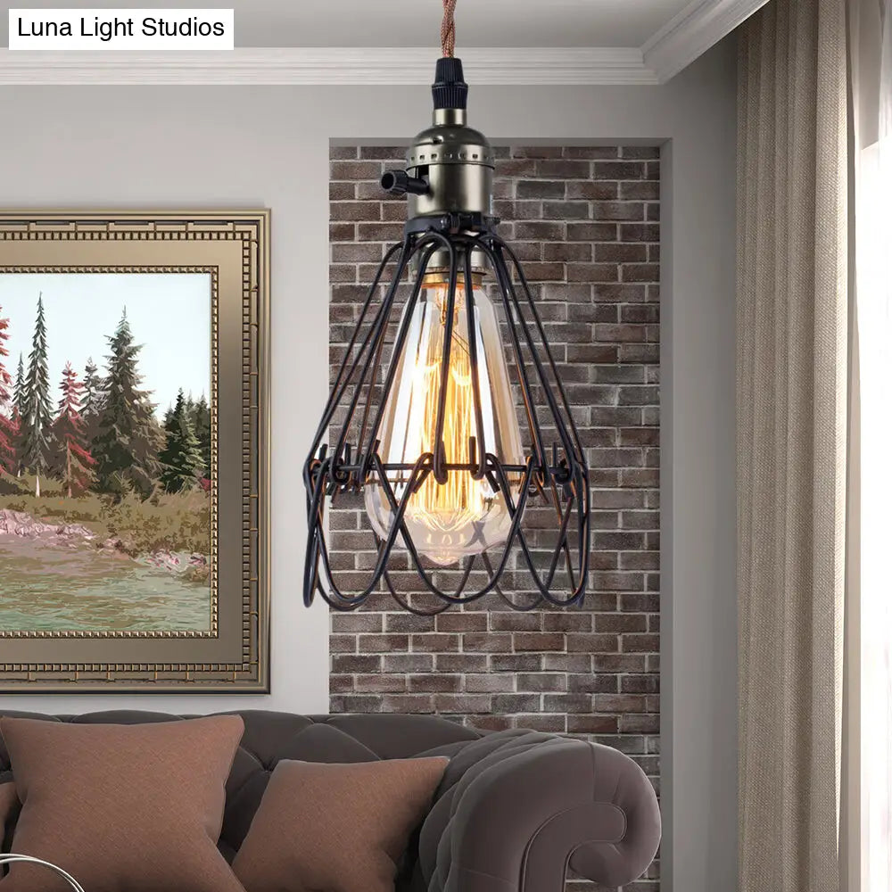 Rustic Industrial Pendant Lighting - Open Caged Metal Black Finish 1-Bulb Hanging Light For Living