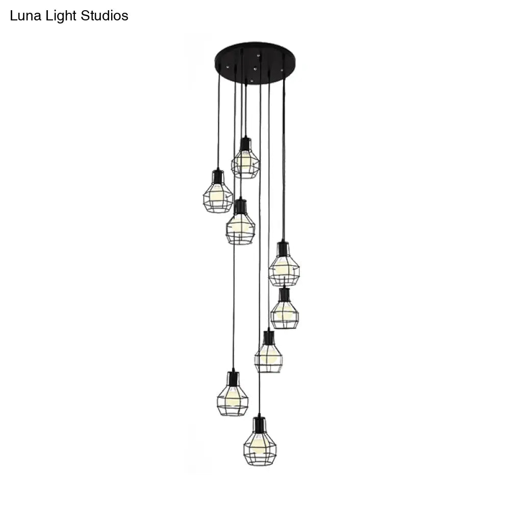 Industrial Black Metal Pendant With Spiral Design - 6 Bulbs Globe Cage Hanging Light Fixture