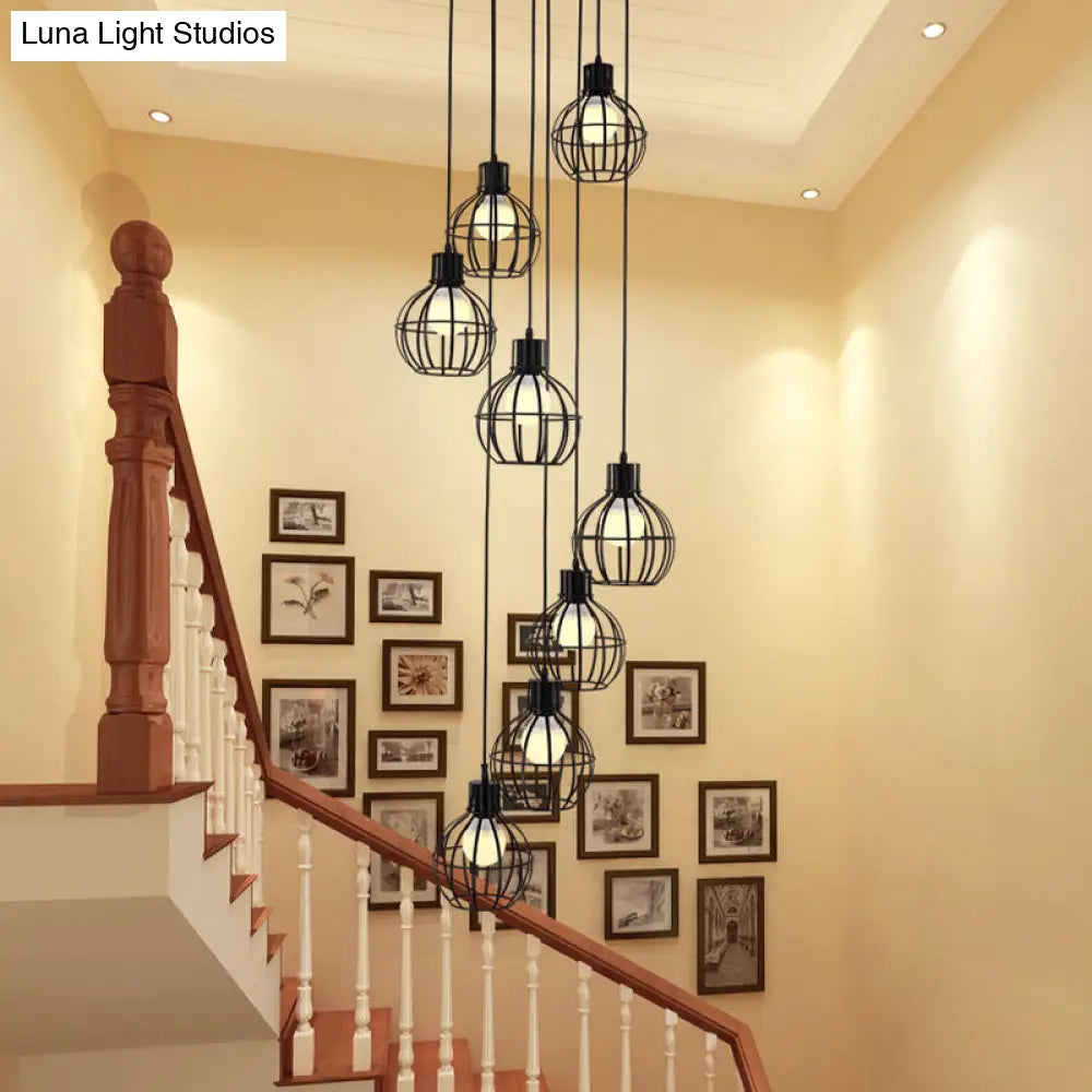 Industrial Black Metal Pendant With Spiral Design - 6 Bulbs Globe Cage Hanging Light Fixture