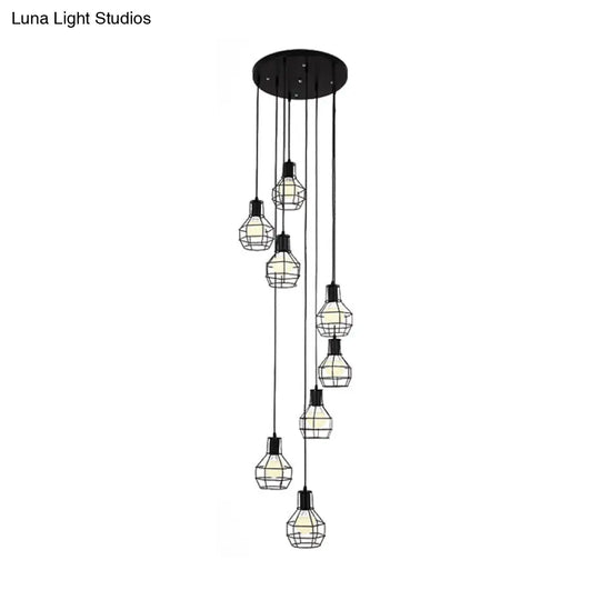 Industrial Black Metal Pendant Light With 6 Globe Cage Bulbs And Stylish Spiral Design