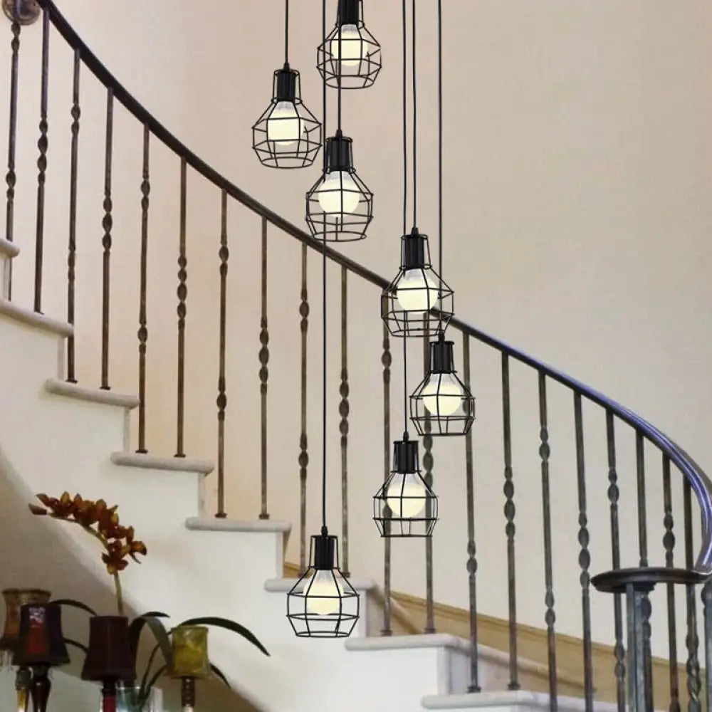 Industrial Black Metal Pendant With Spiral Design - 6 Bulbs Globe Cage Hanging Light Fixture