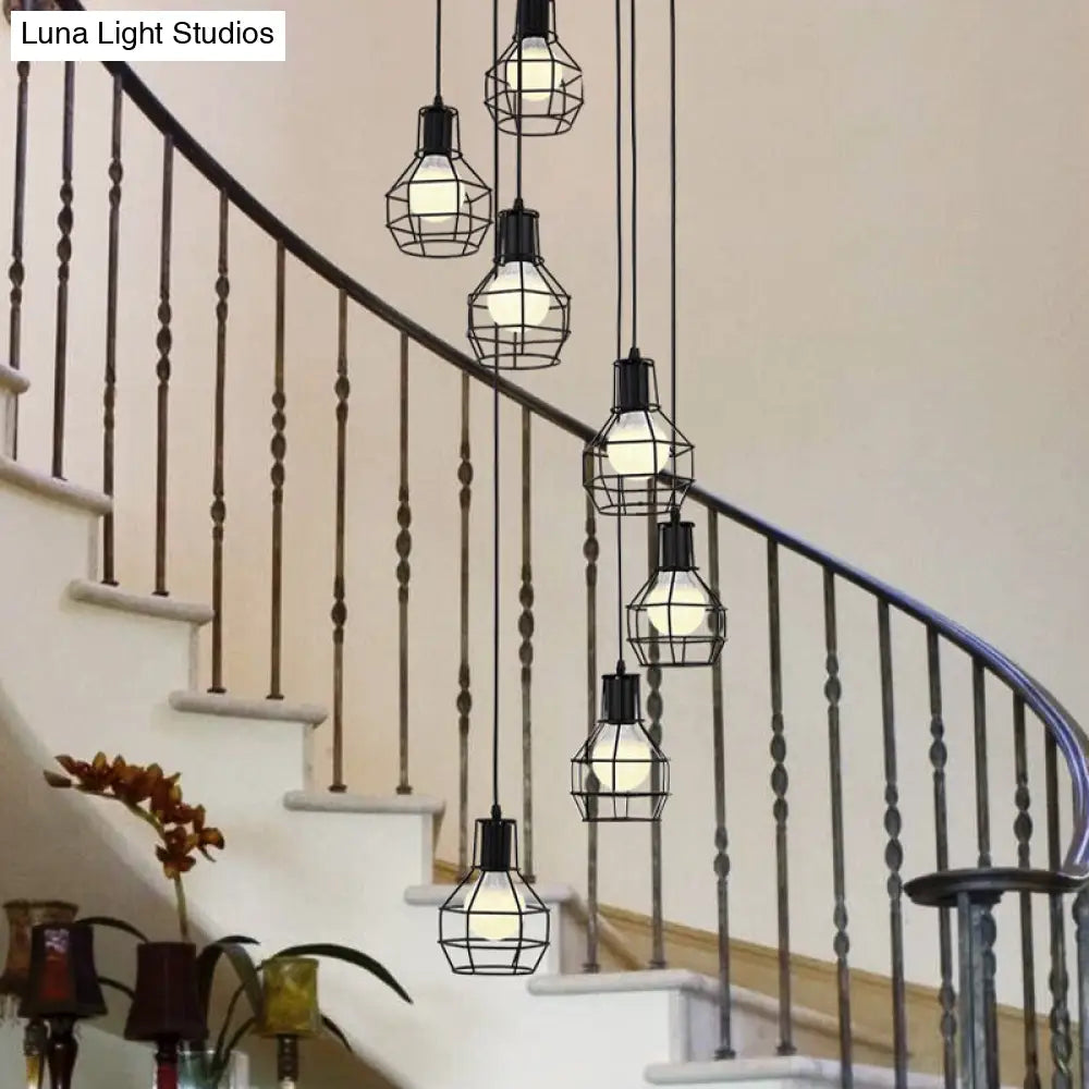 Industrial Black Metal Pendant Light With 6 Globe Cage Bulbs And Stylish Spiral Design