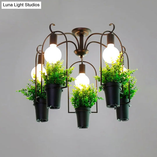 Industrial Black Metal Potted Plant Led Semi Flush Mount Ceiling Light With 5 Heads For Restaurants