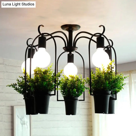 Industrial Black Metal Potted Plant Led Semi Flush Mount Ceiling Light With 5 Heads For Restaurants