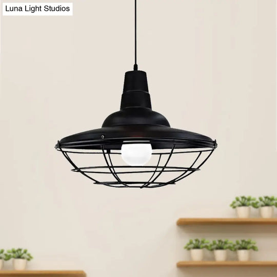Industrial Black Metal Saucer Pendant Light For Restaurants - 1 Head With Cage Shade Ceiling Fixture