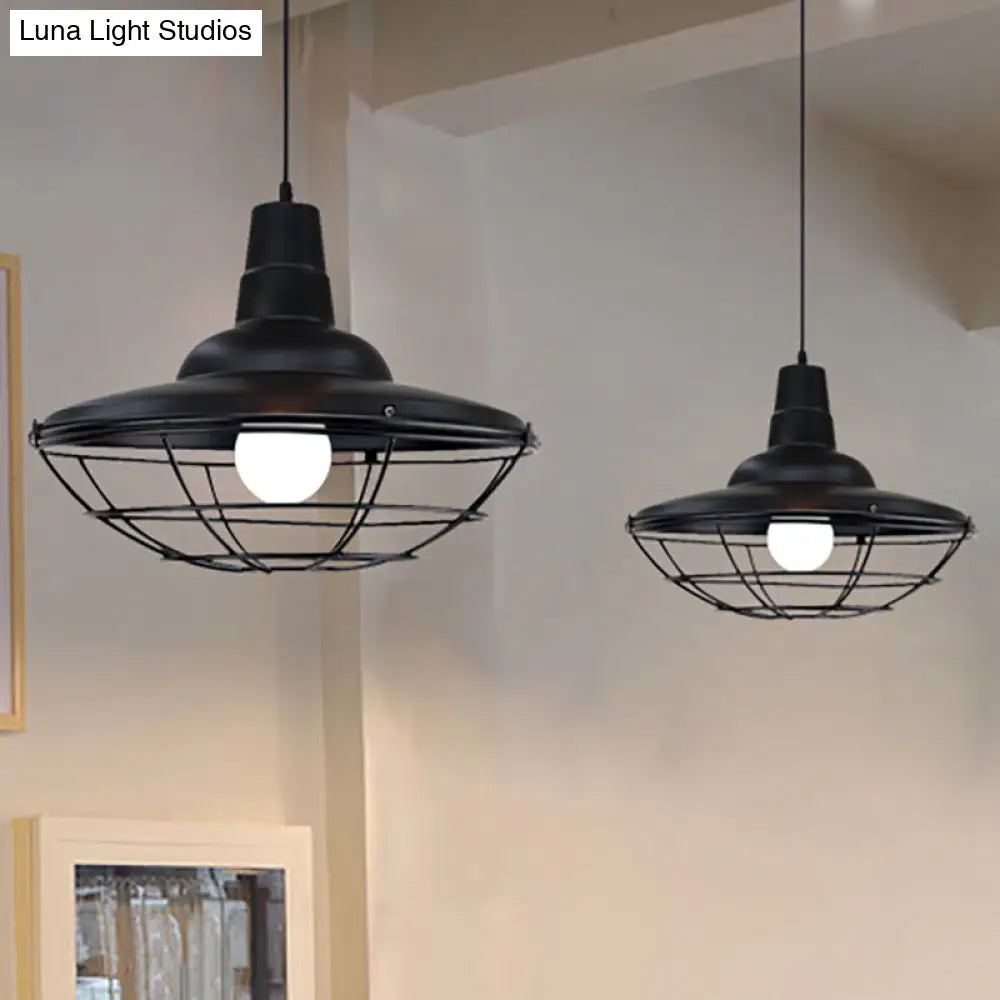 Industrial Black Metal Saucer Pendant Light For Restaurants - 1 Head With Cage Shade Ceiling Fixture