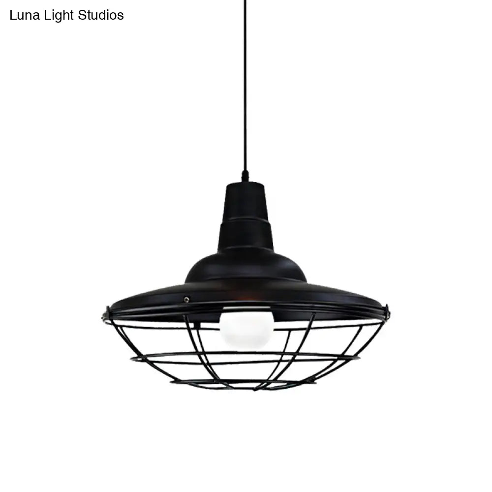 Industrial Black Metal Saucer Pendant Light With Cage Shade - Perfect For Restaurants