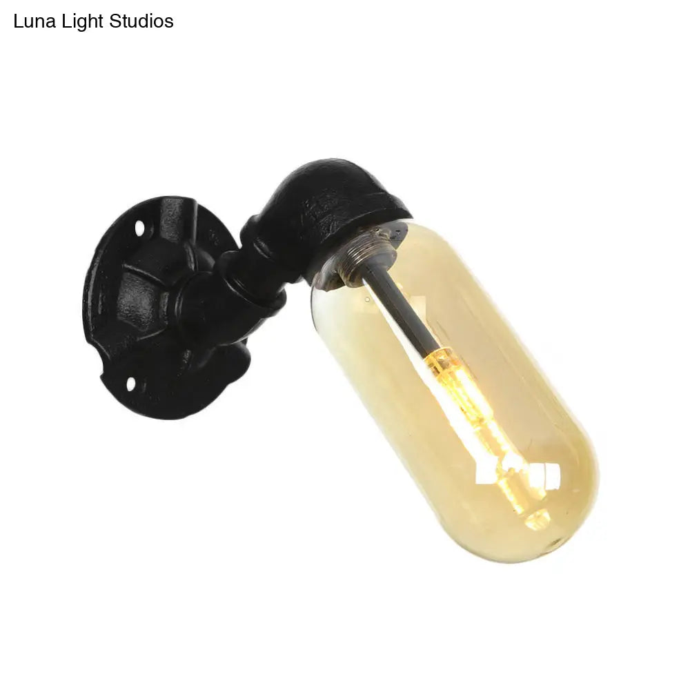 Industrial Black Metal Sconce Lamp With Amber Glass Bulb - Wall Mounted Indoor Light