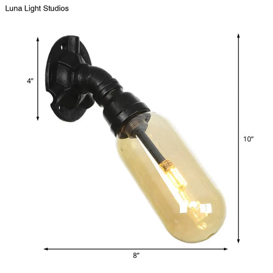 Industrial Black Metal Sconce Lamp With Amber Glass Bulb - Wall Mounted Indoor Light