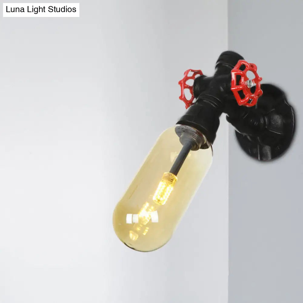 Industrial Black Metal Sconce Lamp With Amber Glass Bulb - Wall Mounted Indoor Light