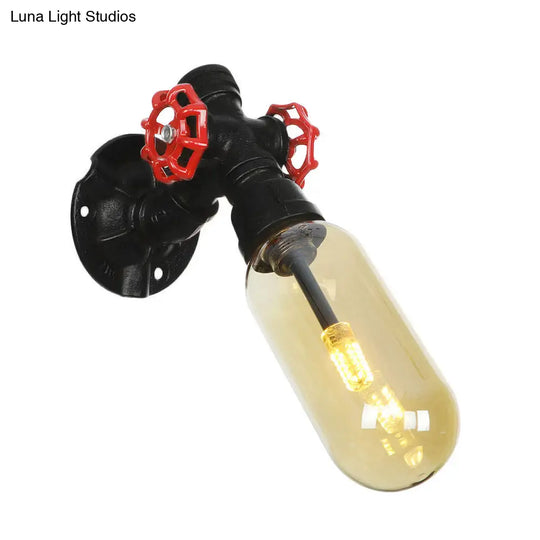 Industrial Black Metal Sconce Lamp With Amber Glass Bulb - Wall Mounted Indoor Light