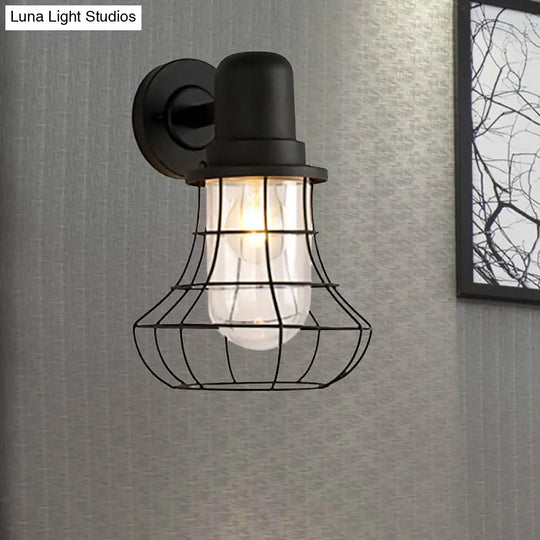 Industrial Black Metal Sconce Light With Clear Glass Shade For Porch - 1 Wire Frame Wall Lamp