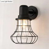 Industrial Black Metal Sconce Light With Clear Glass Shade For Porch - 1 Wire Frame Wall Lamp