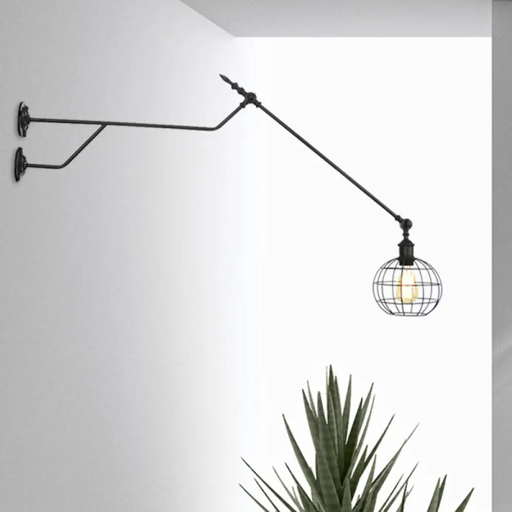 Industrial Black Metal Sconce: Single Bulb Wall Mounted Lamp With Cage