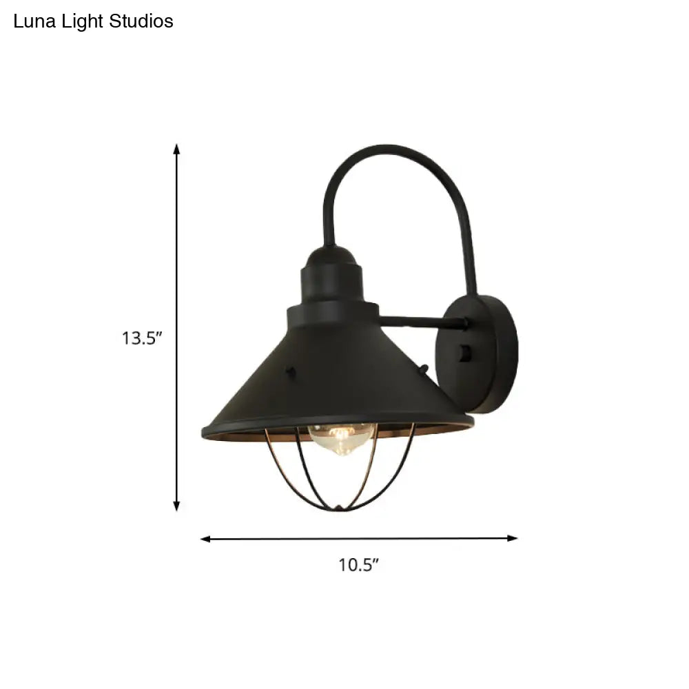 Industrial Black Metal Sconce With Cage And Cone Shade