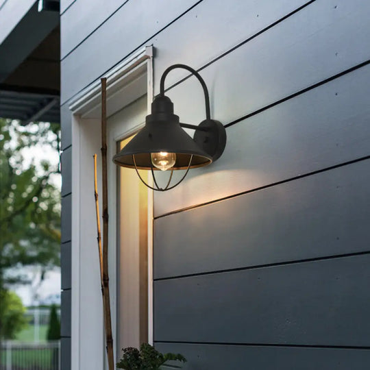 Industrial Black Metal Sconce With Cage And Cone Shade